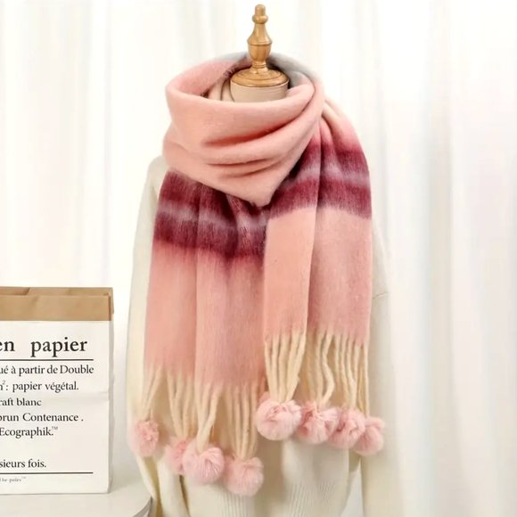 Beautiful Warm and Long Color Block Striped Chunky • Pink And Grey Scarf - Picture 1 of 1